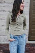 Washed Long Sleeve Ribbed Henley- Olive