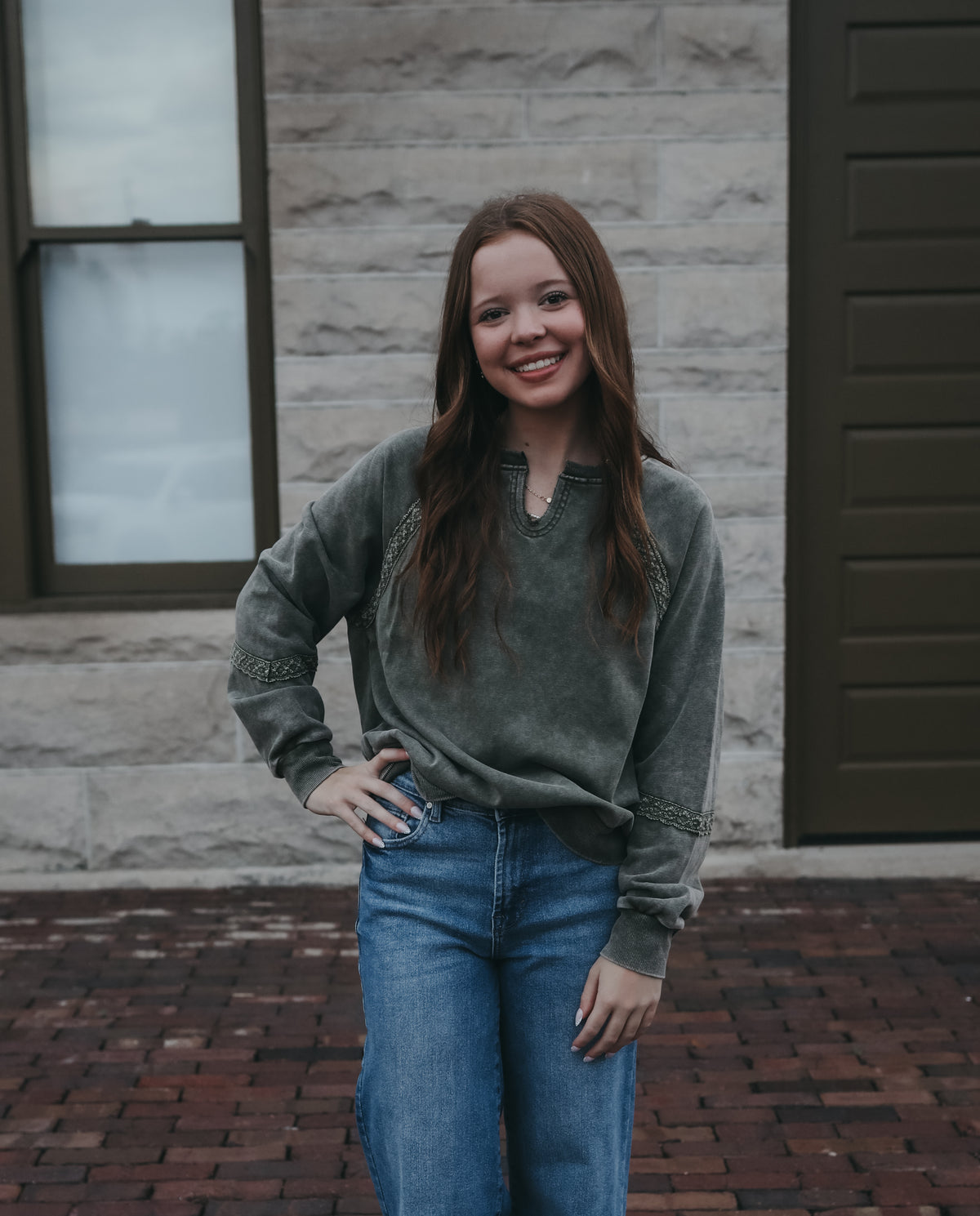 Mineral Wash Lace Patch Sweatshirt - Sage