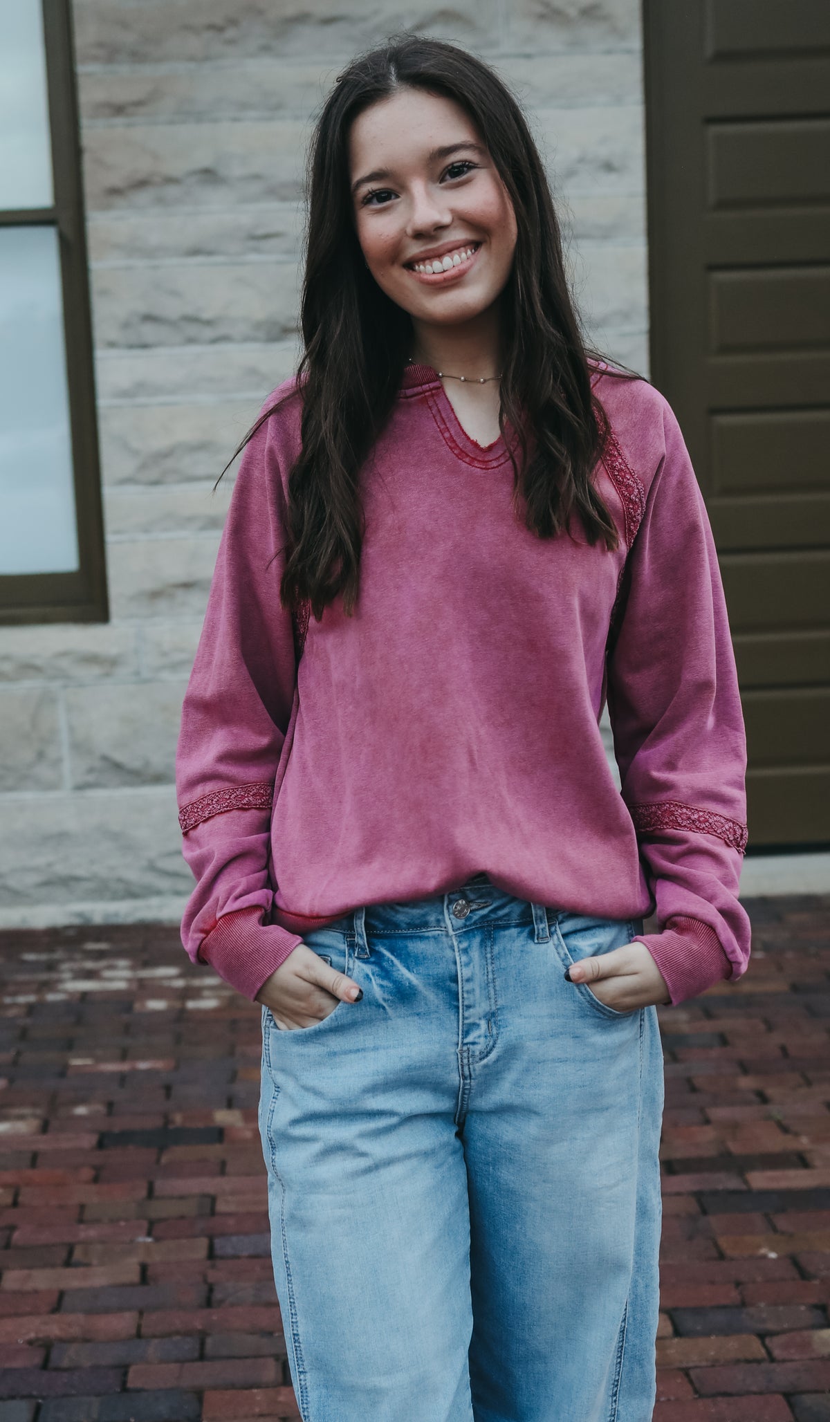 Mineral Wash Lace Patch Sweatshirt - Red Dahlia