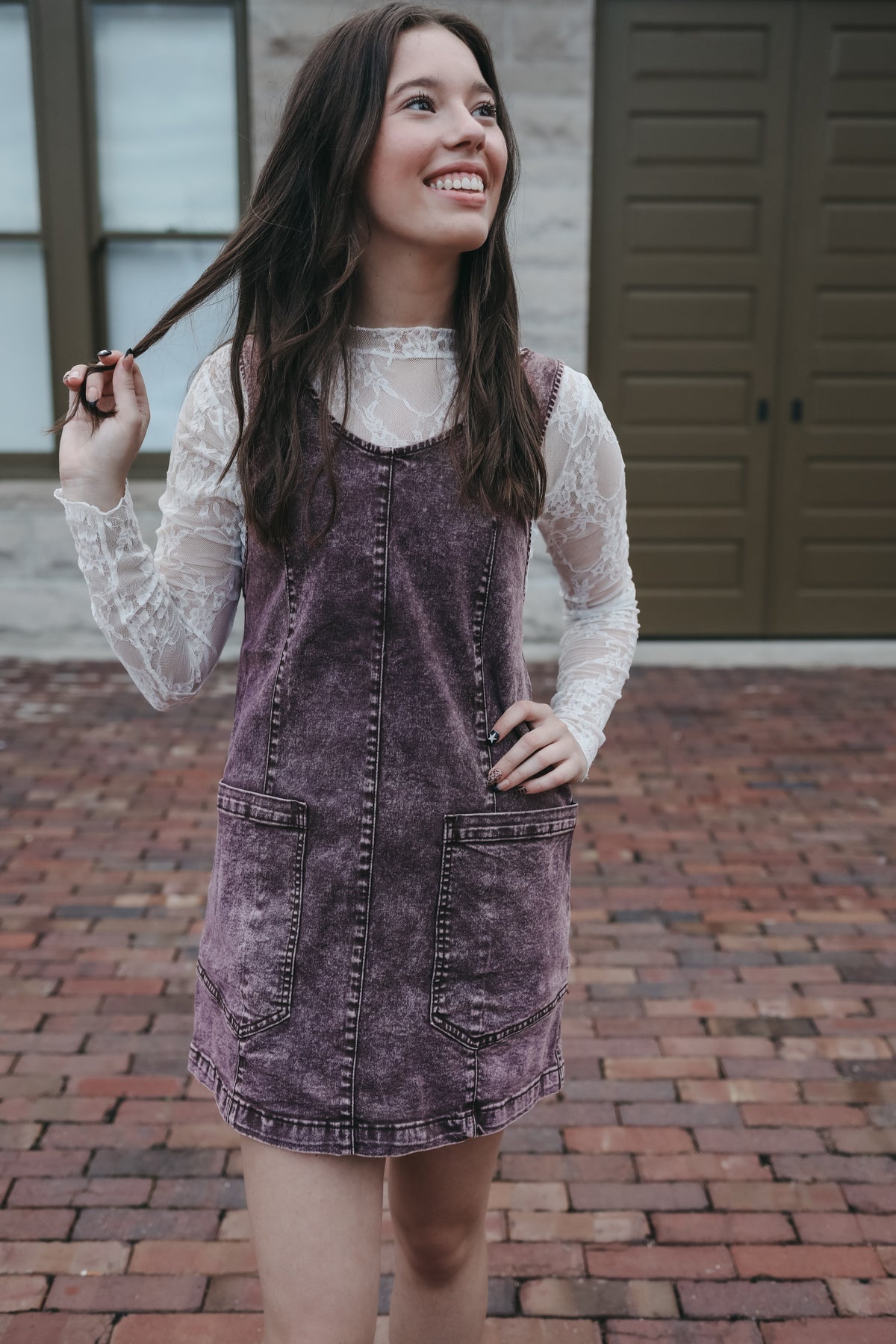 Vintage Washed Denim V Neck Suspender Mini Dress-Mocha
