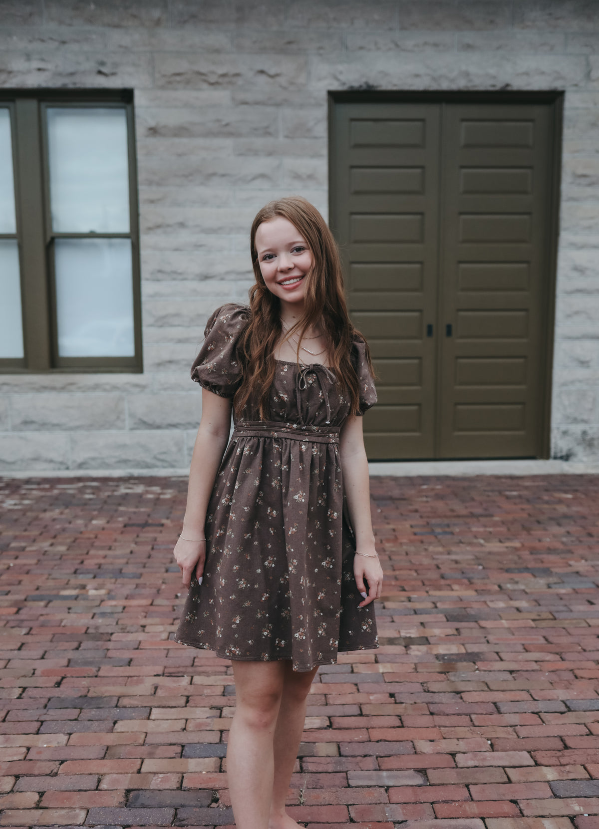 Floral Puff Sleeve, Square Neck Mini Dress- Brown